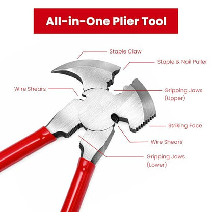 Elsjoy 10.6 Inch Fencing Plier, Heavy Duty Fence Plier Tool, Barbed Wire Fence Cutter, Nail Puller