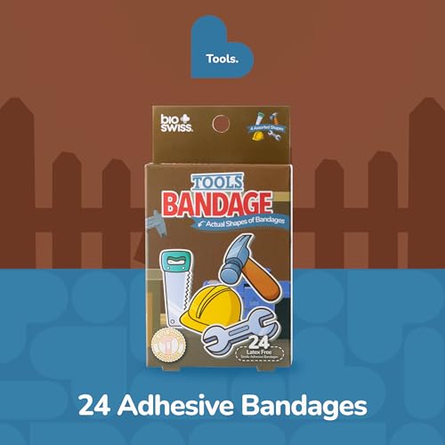 BioSwiss Bandages, Tools Shaped Self Adhesive Bandage Set, Latex Free, Sterile Wound Care, 24 Count - color: Tools, size: 24-Count Box