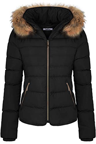 BodiLove Women's Fur Hooded Thickened Jacket with Fleece Lining - color: Black, size: Medium