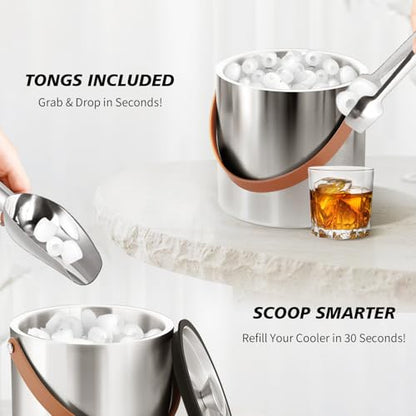 Bakpoco Double-Wall Vacuum Insulated Ice Bucket with Lid, Scoop, Ice Tong, Strainer & Leather Handle Keep Ice Frozen Longer Large Wine Ice Buckets for Cocktail Bar,Parties Chilling Beer Champagne 3L - color: Silver Classic – Tan Handle, size: 3 liters