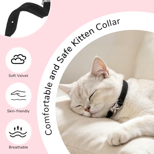 BINGPET Diamond Cat Collar with Bell,Adjustable Kitten Collar,Black - color: Black(Bowknot), size: Neck Girth 8"-10"