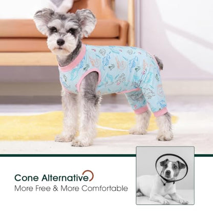Kuoser Dog Recovery Suit with Anti Licking Rear Leg Sleeve, Dinosaur M - color: Blue Dinosaur, size: Medium (Back Length: 34cm / 13.38")