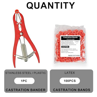 Goat Banding Tools, Including 1pc Stainless Steel Bander and 100pcs Banding Rings, Expander Plier and Bands Kit for Goat Calf Hog
