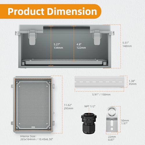 Joinfworld Waterproof Box for Electronics Outside 11.4x7.5x5.5 Outdoor Weatherproof Electrical Box Plastic Weather Proof Nema 4 Enclosure | ABS box, FOR Insulation WiFi signal, Stainless Steel Latches, Plate & NPT1/2" Glands, For Solar, Starlink, Network,