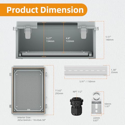 Joinfworld Waterproof Box for Electronics Outside 11.4x7.5x5.5 Outdoor Weatherproof Electrical Box Plastic Weather Proof Nema 4 Enclosure | ABS box, FOR Insulation WiFi signal, Stainless Steel Latches, Plate & NPT1/2" Glands, For Solar, Starlink, Network,