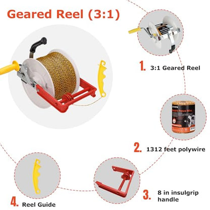 3:1 Geared Reel Prewound Polywire Electric Fence Wire Reel, with Reel Guide - size: 1640 ft x 1 standard reel x 1 guide x 1 Handle