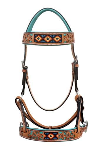 Horse Western Tan Leather Padded Bitless Training Sidepull Bridle Reins - color: Floral Filigree Turquoise