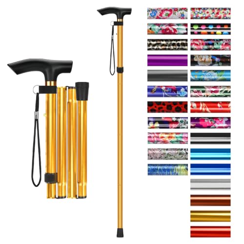 supregear Folding Cane, 5-Level Adjustable Height Walking Stick Lightweight Collapsible Portable Travel Cane with Wrist Strap and T Handle for Elderly Disabled Men Women - color: Gold