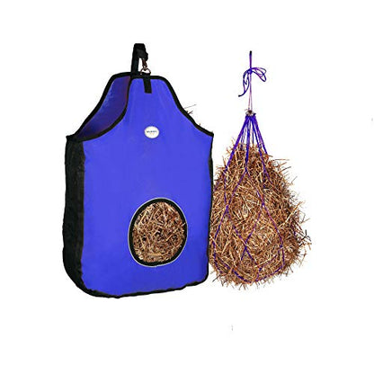 Majestic Ally 1200 D Hay Feeder Tote Bag for Horses, Sheep with Reflective Trim- Reduces Waste - Comes with 36” Hay Net. (Royal Blue) - color: Royal Blue