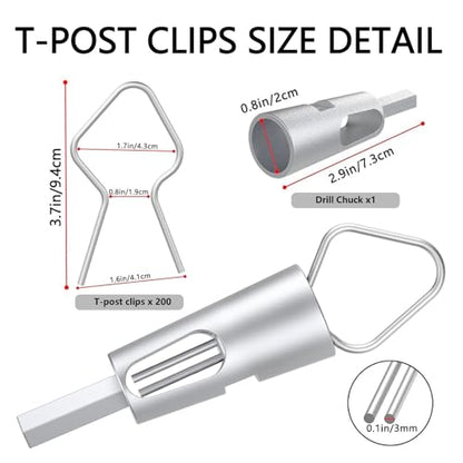 200 Pcs T Post Clips Kit, Metal Wire Fence Clip & 1 Drill Chuck, Galvanized Steel Tie Preformed T-Post Fence Clips 11 Gauge Fence Ties Fast Installation Farm Garden&Livestock Fencing T/U-Posts(Silver) - size: 200PCS
