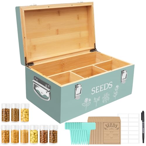 Large Bamboo Wood Seed Storage Organizer Box with Lid, Double-Layer Seal Design Seed Saving Box with 304 Stainless Steel Safety Lock, Handles, Extra Seed Envelopes and Labels, Great Gifts for Gardener - color: 2.Green(Large)