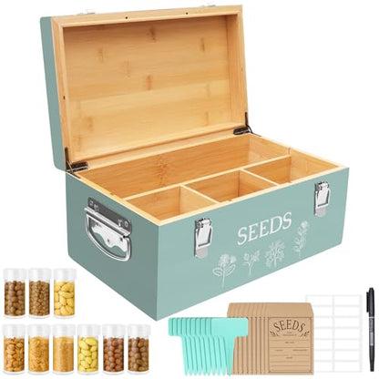 Large Bamboo Wood Seed Storage Organizer Box with Lid, Double-Layer Seal Design Seed Saving Box with 304 Stainless Steel Safety Lock, Handles, Extra Seed Envelopes and Labels, Great Gifts for Gardener - color: 2.Green(Large)