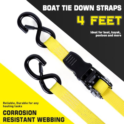 Boat Tie Down Straps to Trailer, 1 Inch x 4 FT Boat Transom Straps, 2100 LBS Break Strength with Security Lock S Hooks, Adjustable Boat Straps for Trailer, Jet ski, Boat, Kayak - color: Yellow