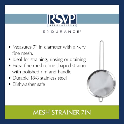 RSVP International Endurance Kitchen Collection, Stainless Steel Fine Mesh Conical Sieve/Colander, Multi-Purpose for Cooking, Baking, Loose Leaf Tea, Bar Strainer Cocktails, 7-Inch - size: 7-Inch