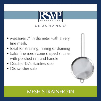 RSVP International Endurance Kitchen Collection, Stainless Steel Fine Mesh Conical Sieve/Colander, Multi-Purpose for Cooking, Baking, Loose Leaf Tea, Bar Strainer Cocktails, 7-Inch - size: 7-Inch