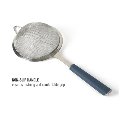 Calphalon Edge Stainless Steel Strainer, Fine Mesh Kitchen Colander Strainer with Thermoplastic Rubber Handle, Sifter for Rinsing, Draining & Straining Food, Navy - color: Navy Blue w/ Rubber Handle (Edge - Strainer)