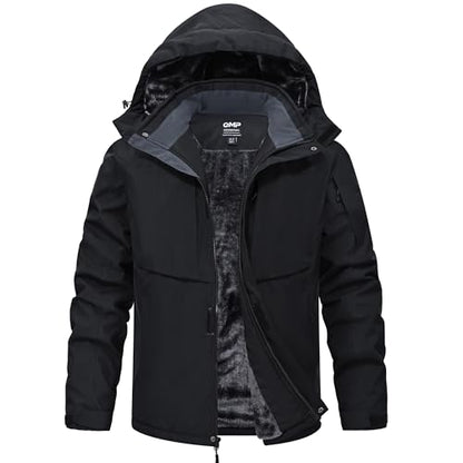 QMP Winter Jackets For Men with Hoode Ski Snow Snowboarding Waterproof Fleece Liner Coats Windproof Raincoat 6 Pockets - color: Black, size: Medium