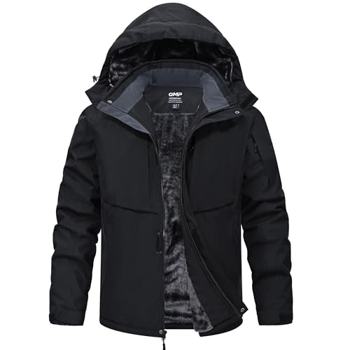 QMP Winter Jackets For Men with Hoode Ski Snow Snowboarding Waterproof Fleece Liner Coats Windproof Raincoat 6 Pockets - color: Black, size: 3X-Large