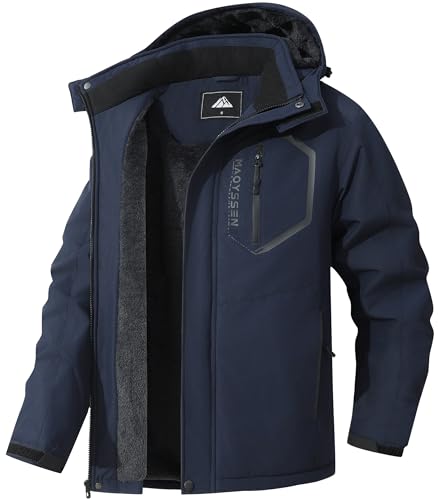 Men's Mountain Ski Jacket Winter Snow Coats Waterproof Warm Fleece Lining Jacket Parka with Hooded - color: Dark Blue, size: Large