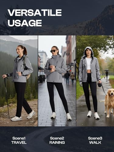Womens Waterproof Rain jacket Lightweight Raincoat with Removable Hood - color: Grey, size: X-Large