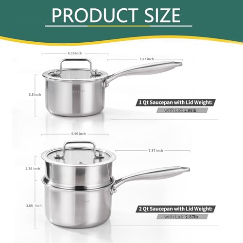 DELARLO Tri-Ply Stainless Steel Saucepan 1QT 2QT Kitchen Pot Set - color: Silver, size: 1QT+2QT With Steamer