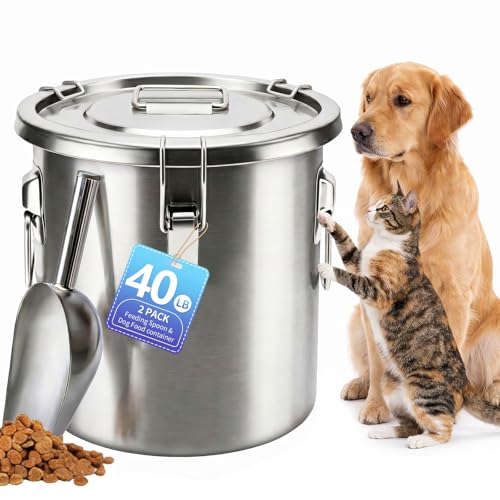 40LB Stainless Steel Dog Food Storage Container with Lid & Scoop, Large Dog Food Storage Container for Dry Pet Food, Metal Dog Food Container, Pet Food Storage Container for Kibble - size: 40LB