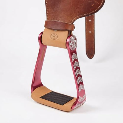 Horse Western 5" Wide Barrel Racer Engraved Aluminum Show Stirrups 51244 - color: Pink