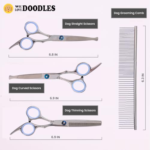 Dog Grooming Scissors Kit with Rounded Blunt Tips, Straight, Curved & Thinning Shears, Tools for Goldendoodles, Poodles & Doodles, Professional Grade Stainless Steel, 4 Pc Set [We Love Doodles] - size: Small