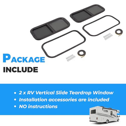 HECASA 12" W x 24" H Universal RV Window Vertical Slide Teardrop Window W/ | Trim Ring and Net Screen Tempered Glass Aluminium Plastic Rubber (2PCS) - size: 12" W x 25" H