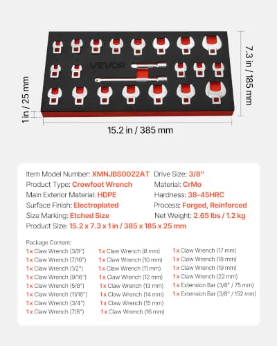 VEVOR Crowfoot Wrench Set, 3/8" Drive, 22-Piece Metric and SAE Size Crows Foot Wrenches, CR-MO Alloy Steel, with Storage Tray, Dual Size Markings on Tools and Tray, for Auto Maintenance or Repairs - size: 3/8" 22 PCS