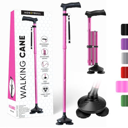 HONEYBULL Walking Cane for Men & Women, Foldable Free Standing Cane | Adjustable Height, Collapsible Design, Heavy-Duty, Pivot Base for Stable Support, Ergonomic Handle - color: Pink