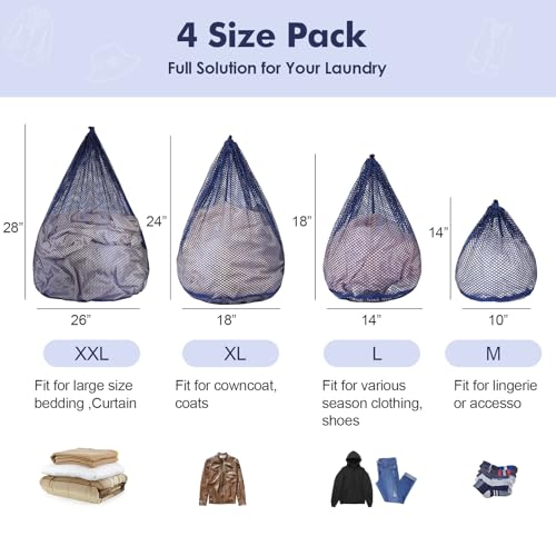 4Pcs Mesh Laundry Bags Washing Machine Mesh Wash Bags for Clothes,Underwear,Lingerie, Bed Linen with Drawstring Closure Sturdy(4 Size, Blue) - color: Blue, size: Pack 4 pcs