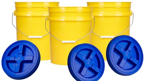 House Naturals 5 Gallon Plastic Yellow Food Grade BPA Free Made in USA Bucket Pail with Air Tight Double Gasket Screw on Lid(Pack of 3) (Yellow and Blue lids) - color: Yellow and Blue Lids