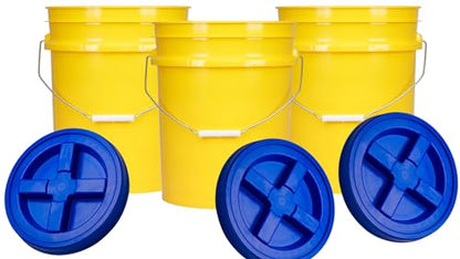House Naturals 5 Gallon Plastic Yellow Food Grade BPA Free Made in USA Bucket Pail with Air Tight Double Gasket Screw on Lid(Pack of 3) (Yellow and Blue lids) - color: Yellow and Blue Lids