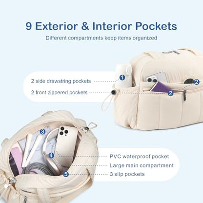 TOPDesign Travel Duffel Bag for Women, Puffer Gym Bag Sports Tote with Wet Pocket, Carry On Weekender with Luggage Sleeve (Beige) - color: Beige