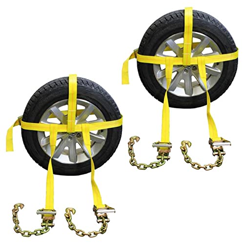 US Cargo Control Side Mount Wheel Net with Cam Buckle,Two Ratchets and Chain Extensions, Easy to Use Wheel Strap for Vehicle Tie Down Applications, Durable Polyester Webbing, 2 Pack