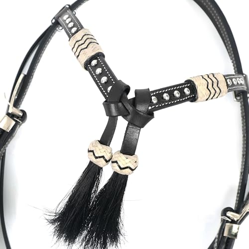 Western Leather Headstall with Rawhide Knotting, Black Hair Tassels, Decorative Futurity Knot