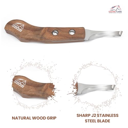 Equine Care Left-Handed Farrier Hoof Knife, Sheesham Wood Handle | Farrier hoof knife with genuine Sheesham wood handle; curved J2 stainless steel blade; brass screws; RH or LH - style: Left Handed