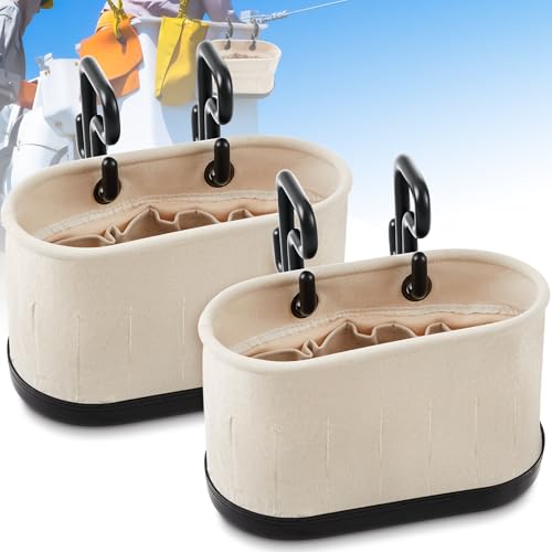 Vesici 2 Set Canvas Bucket Bag Including Hooks Aerial Oval Tool Bucket with Black Polypropylene Bottom 15 Pockets Lineman Tool Bag Organizer for Industrial Maintenance Construction Sites (White) - color: White