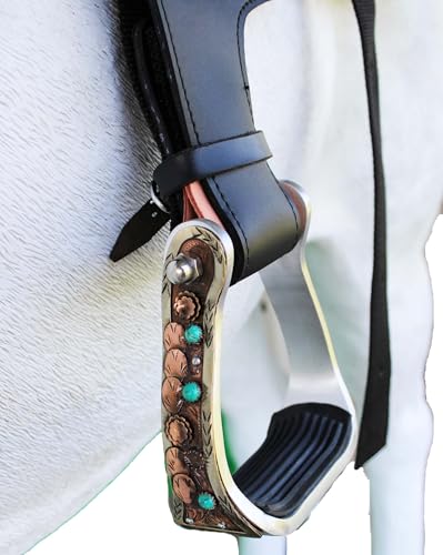 CHALLENGER Western Copper Cactus Engraved Turquoise Rhinestone Barrel Racing Aluminum Stirrups 51255