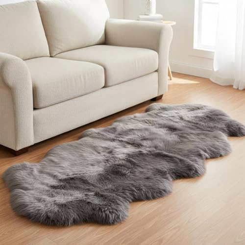 Premium Gray Sheepskin Rug Genuine Fur Bedside Runner 2x6ft - Great for Soothing Feet - Ethically Sourced Sheep Fur Rugs - Sheepskins Wool Runner - color: Grey, size: 2' x 6' (Natural)