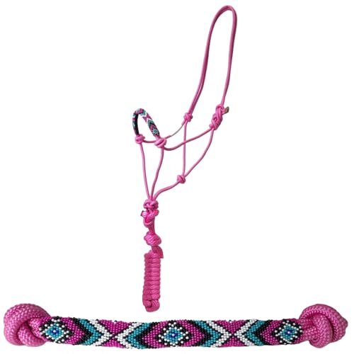 Tahoe Tack Copper Tip® Series Braided Rope Horse Halter with Navajo Beaded Noseband, Cowboy Knots, 10 Ft Lead - color: Pink/Pink