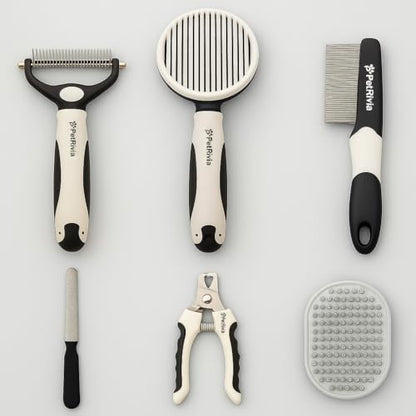 6-in-1 Pet Grooming Kit with Self Cleaning Slicker Brush, Double-Sided Dematting Undercoat Rake, Metal Grooming Comb, Dog & Cat Nail Clippers, Shedding Tool for Dogs, Cats & Rabbits