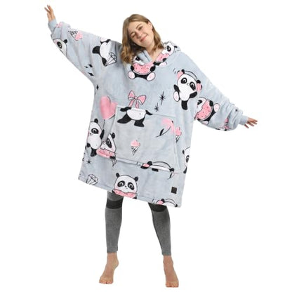 Catalonia Oversized Blanket Hoodie, Panda Print Fleece Wearable Blanket - color: Girl Panda Grey