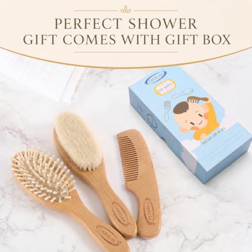 Baby Hair Brush & Comb Set, Organic Wooden Hairbrush Natural Goat Bristles for Newborns & Toddlers, Ideal for Cradle Cap & Itching, Perfect Shower and Registry Gift for Infant, Toddler (3 Piece Set) - size: 3 Piece Set