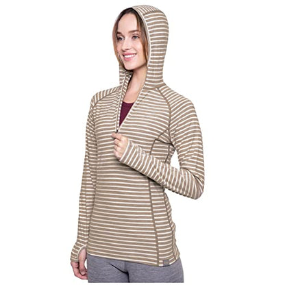 MERIWOOL Women’s Base Layer Hoodie Lightweight Merino Wool Long Sleeve Thermal - color: Camel Stripe, size: Medium