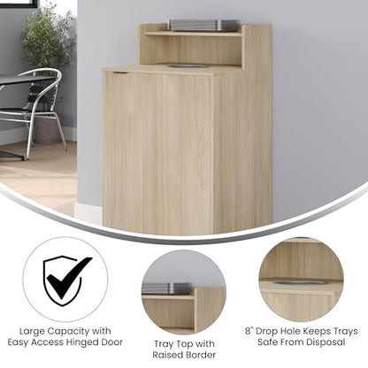 Flash Furniture Trash Can Enclosure, 32 Gallon, Oak | 8" Drop Hole, Tray Shelf, Swing Door, Commercial Grade - color: Oak