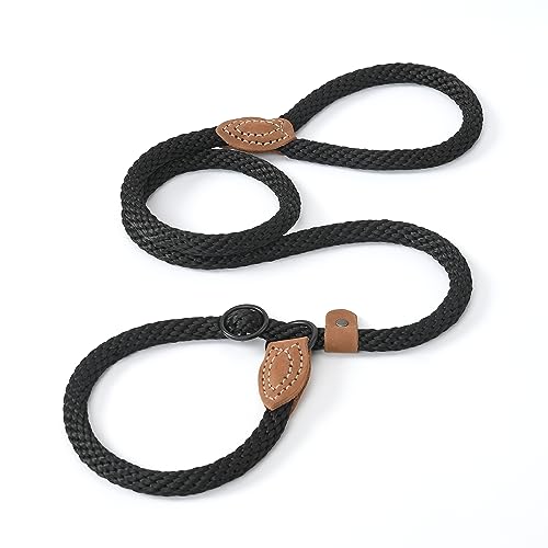 Mile High Life Heavy Duty Slip Lead No Pull Leash w Leather-Reinforced Ends - color: Jet Black, size: 4 Feet