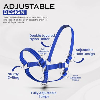 HADZAM Adjustable Nylon Cow Halter | Calf Halter one Halter for (1 Year to Full Size) Easy Adjustable Straps elimates the Need of Ill-Fitting Cattle Halter - color: BLUE