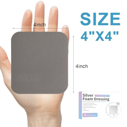 Silver Silicone Foam Dressing Without Border 4 Pack Non Stick Gentle Pads Ag Sterile Highly Absorbent Wound Dressing 4"×4" for Burns Ulcers Abrasions Pressure Sore